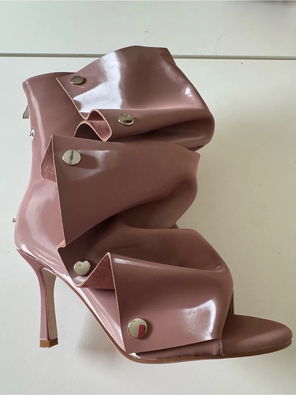 Ruffled Open-Toe Ankle Bootie in Dusty Rose